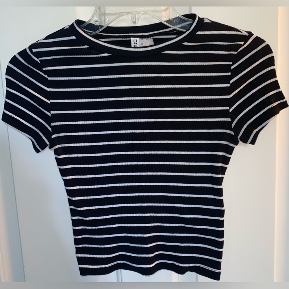 Divided Black with White Stripes Cropped Baby Doll Top